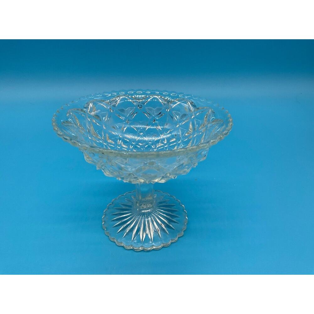 Vintage Clear Glass Compote Dish Diamond Pattern Pedestal‎ Bowl 5" Wide 4" Tall